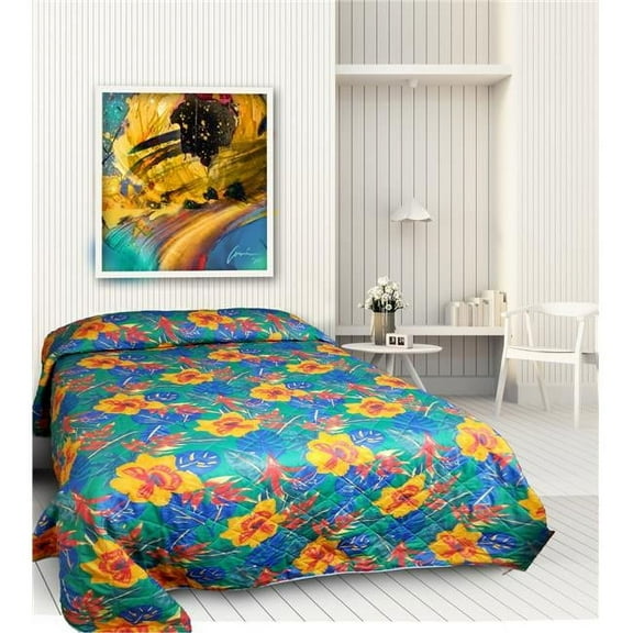 Rifz GKB10011801 Quilted Tropical Print Bedspread, Blue, Orange & Yellow - Queen Size