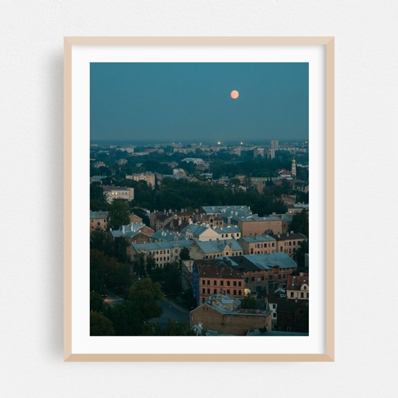 Riga Blues 01 - Riga Latvia Photography City Moon Night Sky Architecture Skyline Scenic Vintage Oak Framed Wall Art Print 11 x 14 inches