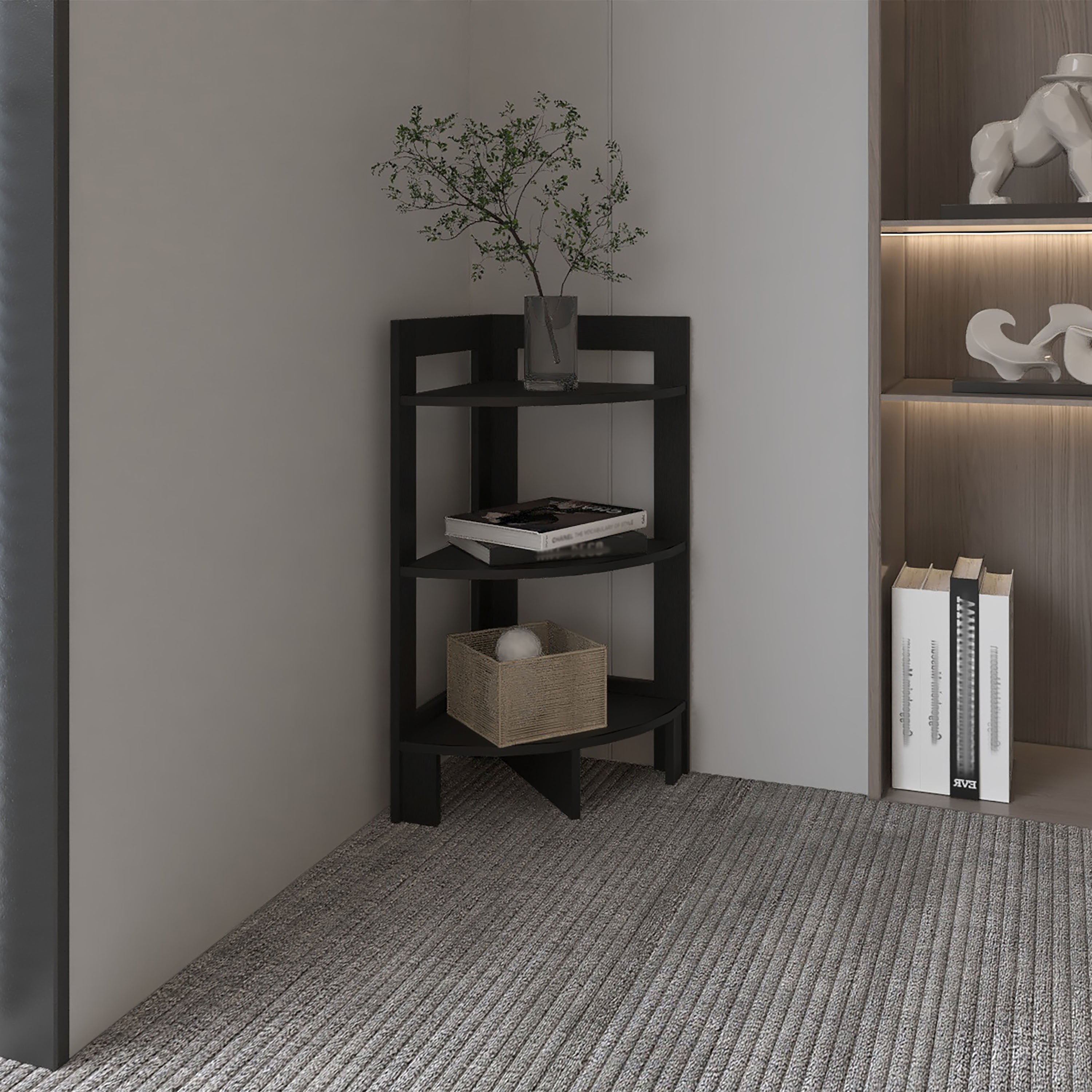 Black Engineered Wood Three-Tier Corner Side Table