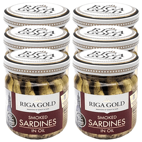 Riga Gold Smoked Sardines in Oil, 100g/0.22lb Jar (6 Pack)