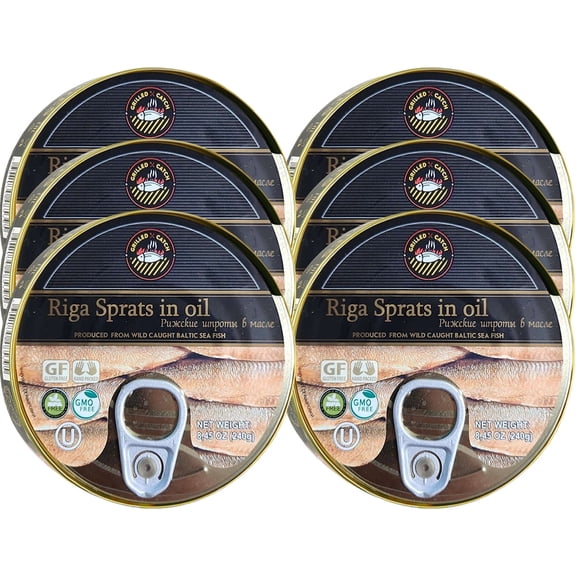 Grilled Catch Sprats Riga Smoked 8.4 oz (6 Pack) Gold Star Tins in Vegetable Oil Product of Latvia, Kosher