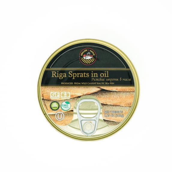 Grilled Catch Sprats Riga Smoked 8.4 oz / 240g Gold Star Tins in Vegetable Oil, Product of Latvia, Kosher