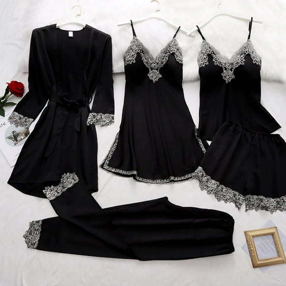 Rigardu Clearance Sale!! Robes for Women Sleepwear Robes Neck Underwear Women 5- Bodysuit Lace Set Garter -V Women's Sleepwear Bathrobe for Women Black L