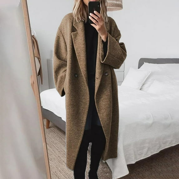 Rigardu Clearance Sale Winter Coats for Women Women's Winter Double Breasted Wool Coat Long Sleeve Notch Lapel Long Trench Coat Womens Coats Brown 3Xl