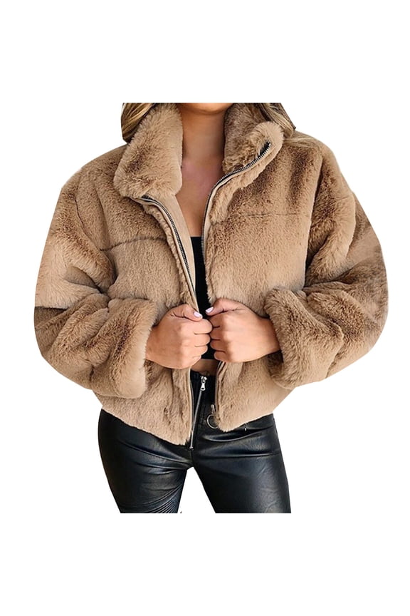 Clearance Sale Winter Coats for Women Womens Teddy Cropped Faux Jacket Furry Lapel Coat Zip Up with Pockets Warm Winter Womens Coats Khaki Xxl