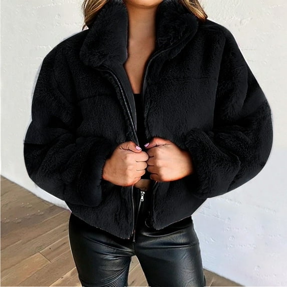 Rigardu Clearance Sale Winter Coats for Women Womens Teddy Cropped Faux Jacket Furry Lapel Coat Zip Up with Pockets Warm Winter Womens Coats Black L