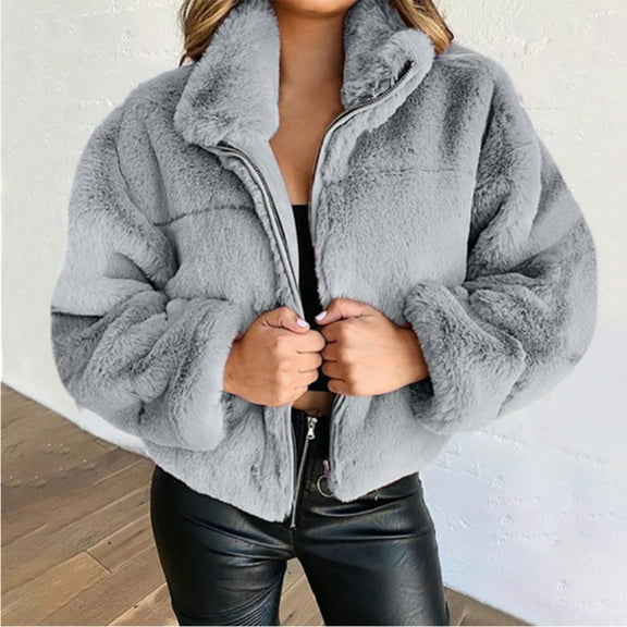 Rigardu Clearance Sale Winter Coats for Women Womens Teddy Cropped Faux Jacket Furry Lapel Coat Zip Up with Pockets Warm Winter Womens Coats Grey L