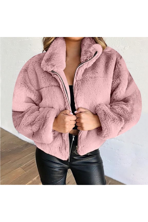Clearance Sale Winter Coats for Women Womens Teddy Cropped Faux Jacket Furry Lapel Coat Zip Up with Pockets Warm Winter Womens Coats Pink Xl