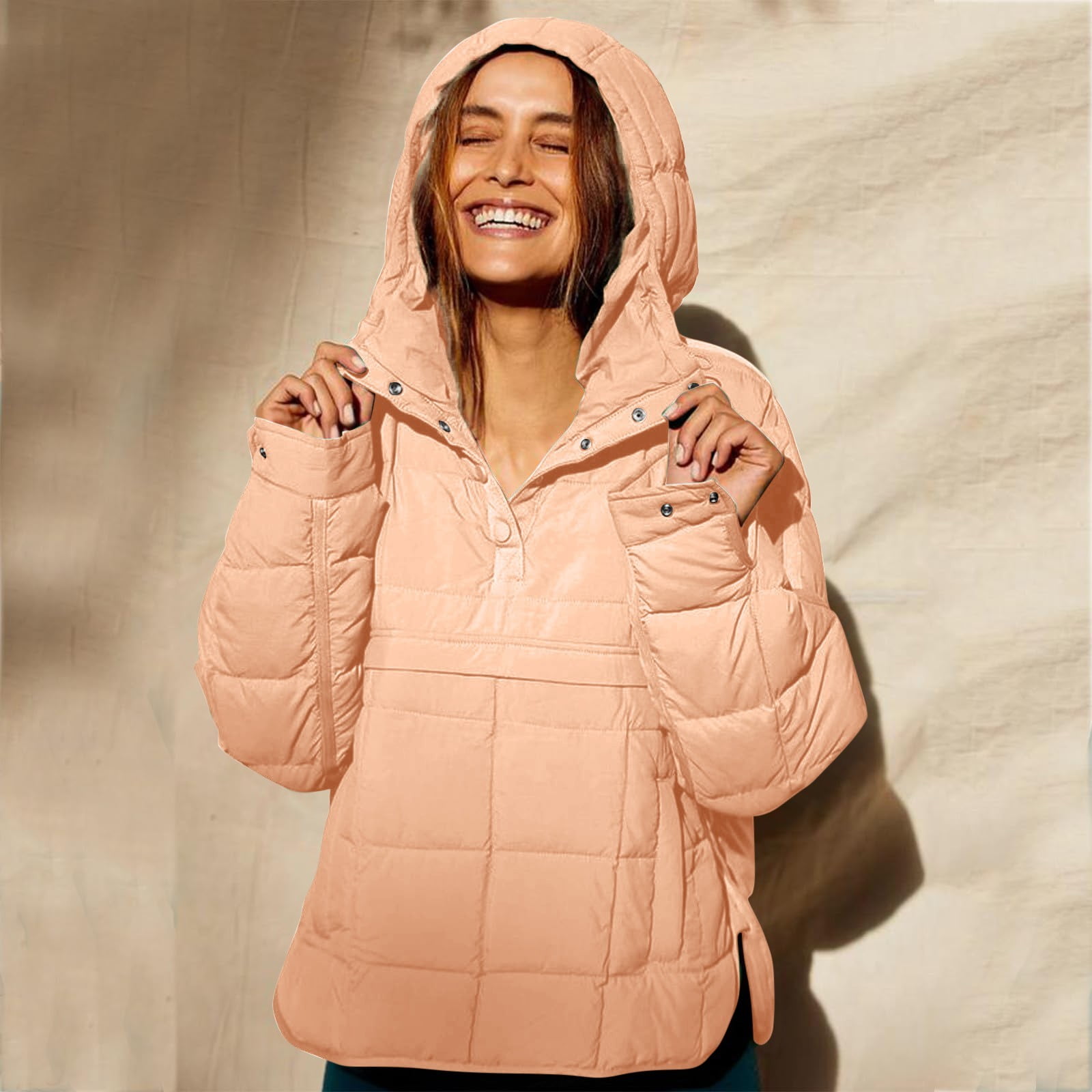 Rigardu Hoodies for Women Pullover Women's Quilted Pullover Puffer Jacket Oversized Long Sleeve Hooded Coats Winter Warm Lightweight Outwear with Pocket Womens Hoodies Coffee S
