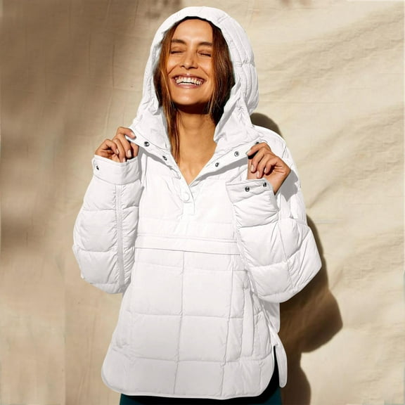 Rigardu Hoodies for Women Pullover Women's Quilted Pullover Puffer Jacket Oversized Long Sleeve Hooded Coats Winter Warm Lightweight Outwear with Pocket Womens Hoodies White 3Xl