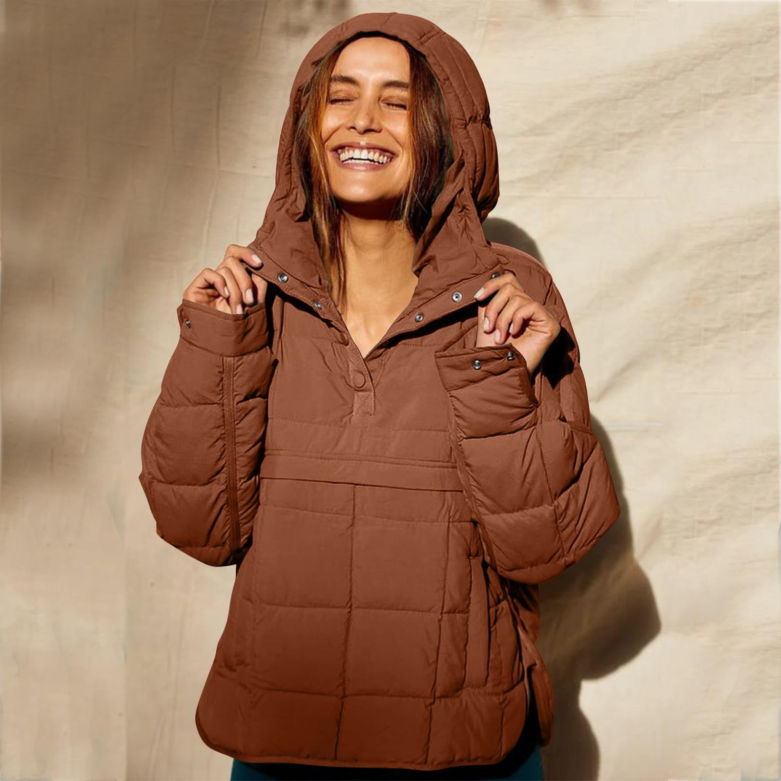 Rigardu Hoodies for Women Pullover Women's Quilted Pullover Puffer Jacket Oversized Long Sleeve Hooded Coats Winter Warm Lightweight Outwear with Pocket Womens Hoodies Brown 3Xl