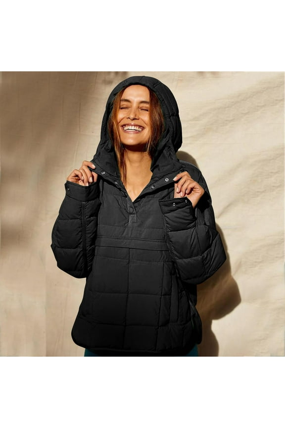 Hoodies for Women Pullover Women's Quilted Pullover Puffer Jacket Oversized Long Sleeve Hooded Coats Winter Warm Lightweight Outwear with Pocket Womens Hoodies Black L