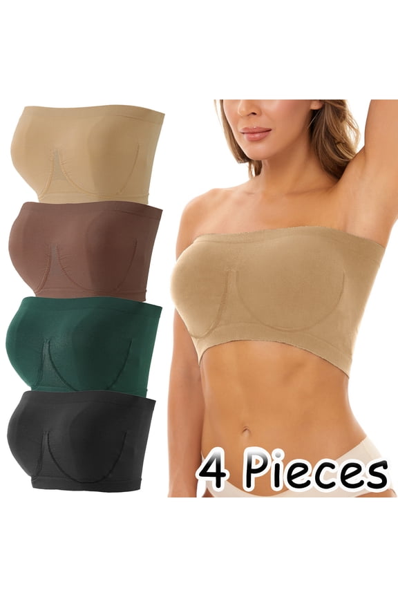 Hot Sale!! 4 Pack Strapless Bra for Women, Padded Seamless Bandeau Bra with Support Wire Free Tube Top Non Slip Bralette Plus Size Strapless Bra Bandeau Padded Top Stretchy Yoga Fitness Bra