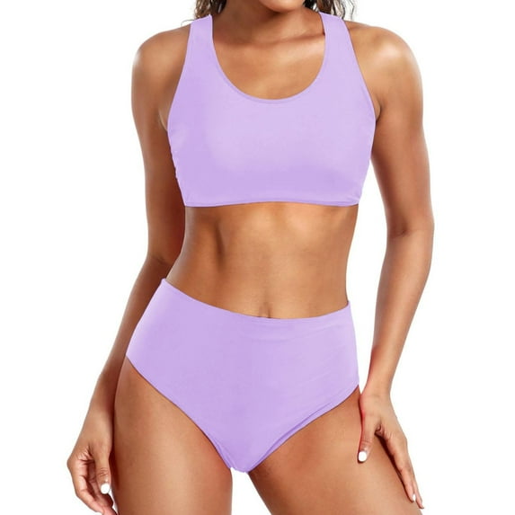Rigardu Hot Sale!! High Waisted Bikini for Women Tummy Control Bottoms Push Up Crop Top Swimsuit 2 Piece High Cut Teens Girls Bathing Suits Fashionable Casual Underwear Bikini Purple S