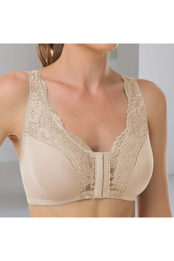 Hot Sale!! Sports Bras for Women Padded 2025 Trendy No Underwire Lace Bras for Women Sponge Cup Front Closure Bras for Seniors Plus Size Full Coverage Bras No Wire Bras Beige L