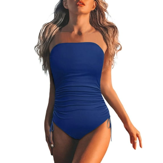 Rigardu Hot Sale!! Strapless Swimsuits for Women One Piece Tummy Control Ruched Bandeau Bathing Suit Padded Push Up Tube Top Swimwear Women's Bodysuit Swim Drawstring Side Bandeau Swimsuit Blue Xxl