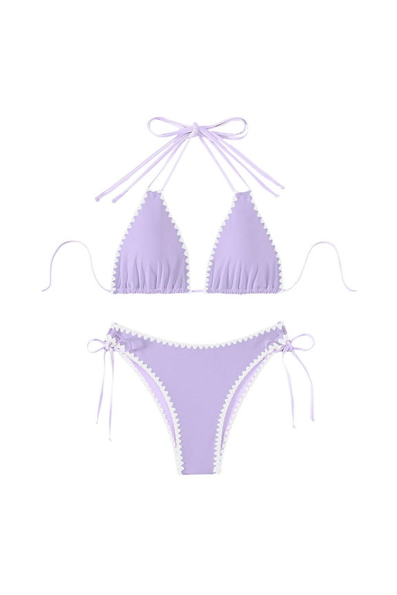 Hot Sale!! Women Two Piece Swimsuit Swimwear Halter String Triangle Bikini Sets Women's Terrycloth Swimsuit Summer Bikini Set with Chest Pad Purple Xs