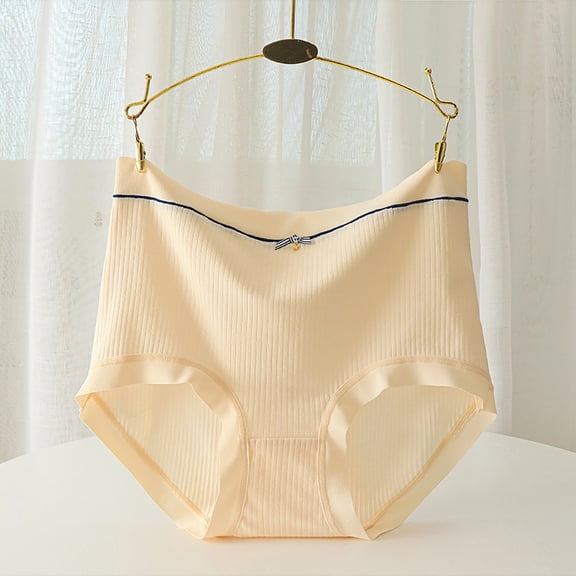 Rigardu Hot Sale!! Women's Cotton Underwear High Waisted Full Coverage Ladies Soft Strech Breathable Panties Solid Color Stripe Mid Waist Plush Comfortable High Stretch Cotton Material Briefs