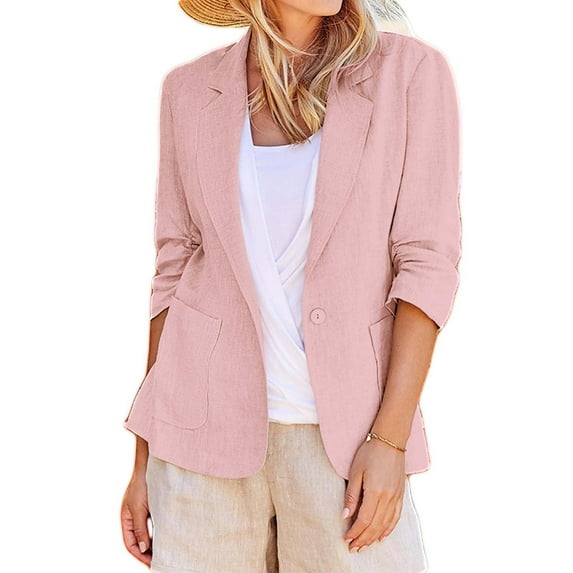Rigardu Linen Blazers for Women Casual Women 3/4 Sleeve Blazer Linen Suit Jackets Women Casual 3/4 Stretchy Ruched Sleeve Lightweight Work Jacket with Pockets