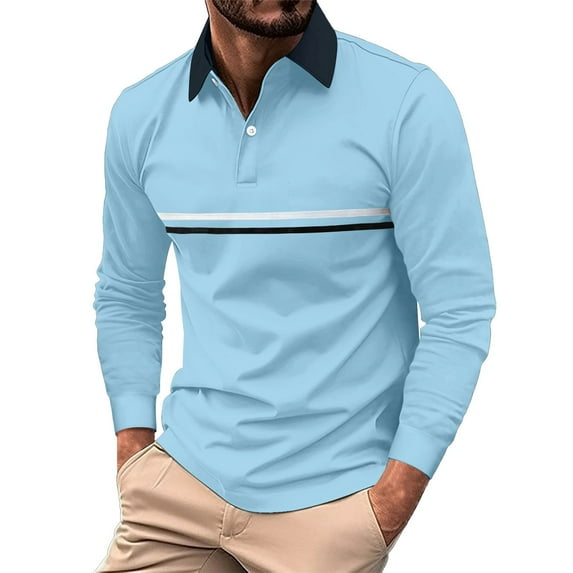 Rigardu Long Sleeve Shirts for Men Polo Shirts for Men Fashionable And Casual Men's Lapel Striped Colorful Long Sleeved Top Size:S-3XL