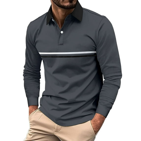 Rigardu Long Sleeve Shirts for Men Polo Shirts for Men Fashionable And Casual Men's Lapel Striped Colorful Long Sleeved Top Size:S-3XL
