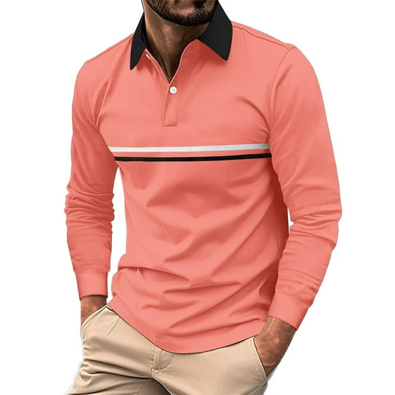 Rigardu Long Sleeve Shirts for Men Polo Shirts for Men Fashionable And Casual Men's Lapel Striped Colorful Long Sleeved Top Size:S-3XL