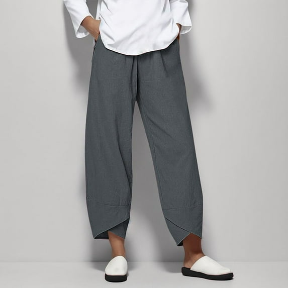 Rigardu Loose Women Straight Summer Pants High Casual Waist Long Solid Cotton Pants Grey Xl