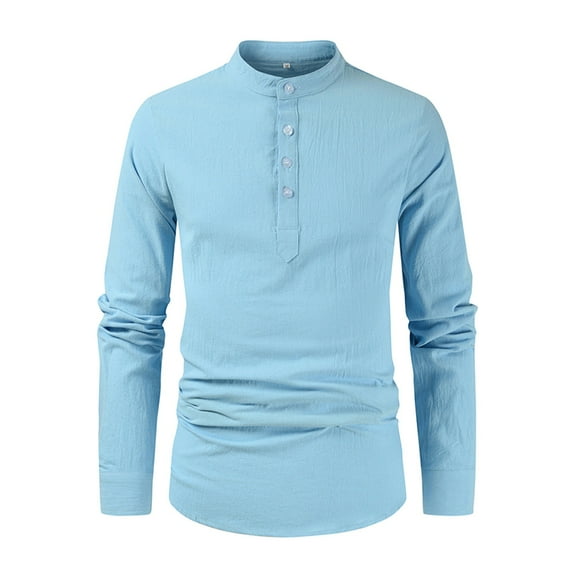 Rigardu Mens Fashion Simple Casual Collar Half Open Shirt Border Mens Long Sleeved Shirt Blue + XL