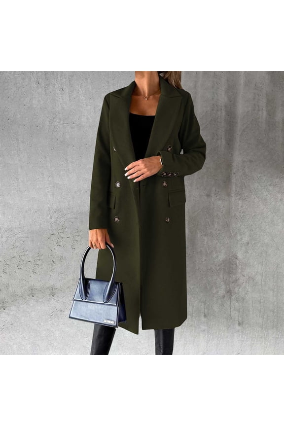 Overcoat for Women Winter Long Winter Coats for Women Double Breasted Classic Lapel Outerwear Casual Trench Coat Windbreaker Solid Jackets Womens Coats Green L