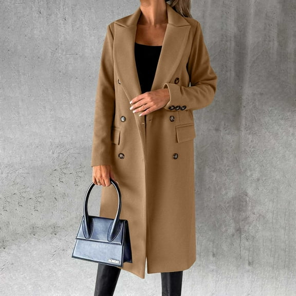 Rigardu Overcoat for Women Winter Long Winter Coats for Women Double Breasted Classic Lapel Outerwear Casual Trench Coat Windbreaker Solid Jackets Womens Coats Khaki S