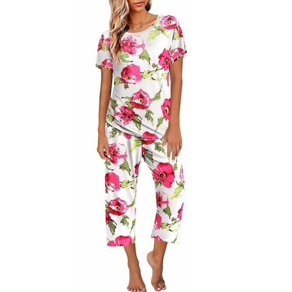 Rigardu Pajama Sets for Women 2 Piece Short Sleeve Womens Pajamas Short Sleeve Sleepwear Tops and Capri Pants Print Pajama Sets with Pockets Pajamas Suit Womens Pajamas Set Hot Pink L