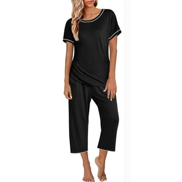 Rigardu Pajama Sets for Women 2 Piece Short Sleeve Womens Pajamas Short Sleeve Sleepwear Tops and Capri Pants Print Pajama Sets with Pockets Pajamas Suit Womens Pajamas Set Black L