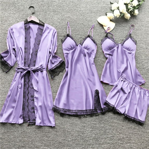 Rigardu Pajama Sets for Women Satin 4 Piece Sleepwear Sleepwear Women Lace Robe Dress Set Pajamas Nightdress Silk Satin Pajama Set for Women Purple Xxl