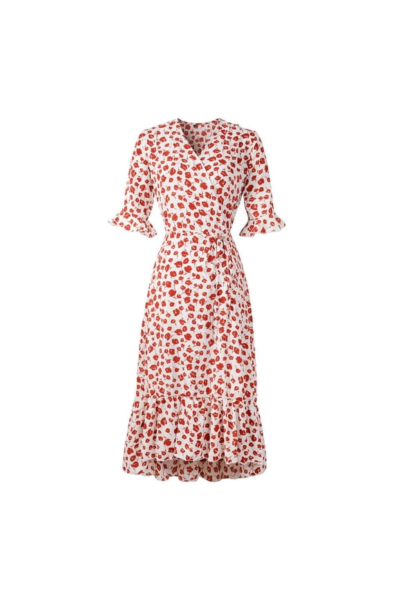 Party Dress Neck V Summer Beach Holiday Sleeve Dress Half Ladies Print Womens Women's Casual Dress Red1 + S