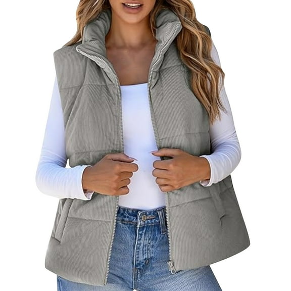 Rigardu Puffer Vest Women Corduroy Cropped Puffer Vest for Women Lightweight Stand Collar Sleeveless Jackets Zip Up Clothes Fashion 2024 Vest Coats for Women Grey L