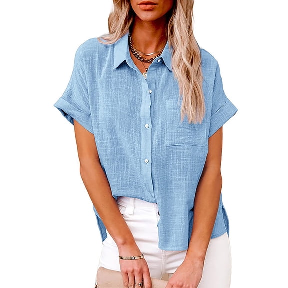 Rigardu Shirts for Women Womens Shirts Summer New Ladies Loose Blouses Cotton And Lapel Rolled Short Sleeve Button Shirt Tee Shirt