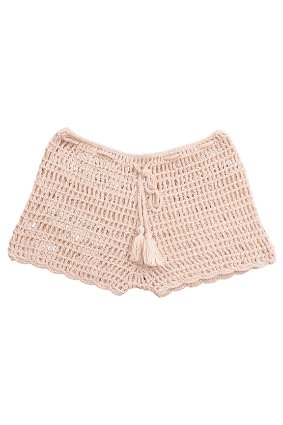 Shorts for Women Casual Knitted Crochet Comfort Elastic Waist Solid Color Hollow Out Summer Lounge Shorts Pants Women's Solid Color Casual Strap Hollow Woven Beach Swimming Shorts Beige S