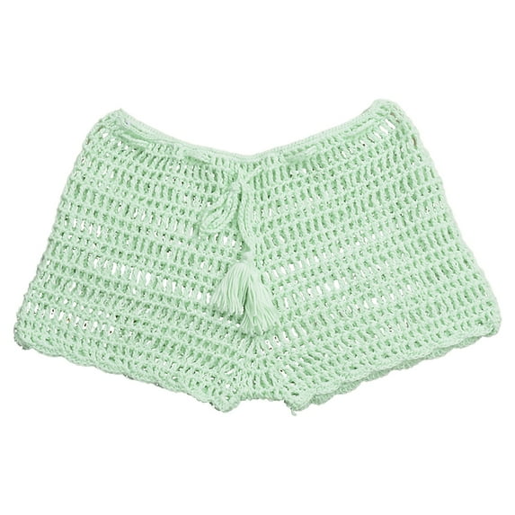 Rigardu Shorts for Women Casual Knitted Crochet Comfort Elastic Waist Solid Color Hollow Out Summer Lounge Shorts Pants Women's Solid Color Casual Strap Hollow Woven Beach Swimming Shorts Green S