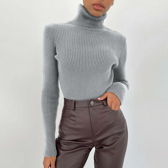 Rigardu Slim Fit Shirts for Women Women Soft Sweater Slim Fit Lightweight Long Sleeve Turtleneck Tops Undershirt Knitted Warm Fashion Pullover Sweater Grey One Size