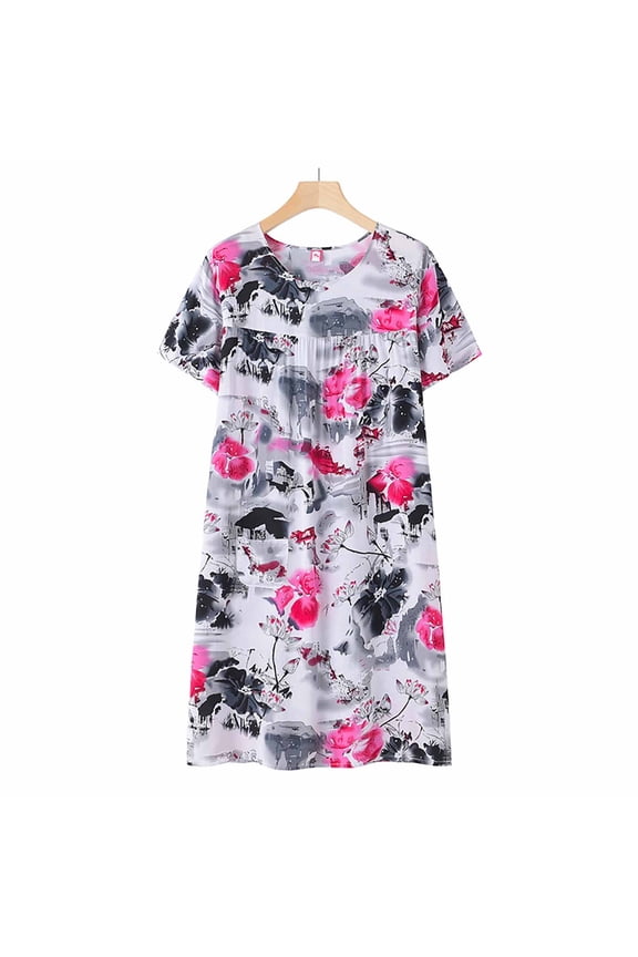 Summer Cotton Silk Short Sleeved Sleep Dress for Middle Women New Loose Fitting Home Wear Elderly Sleepwear Plus Size Dress Black1 + One size