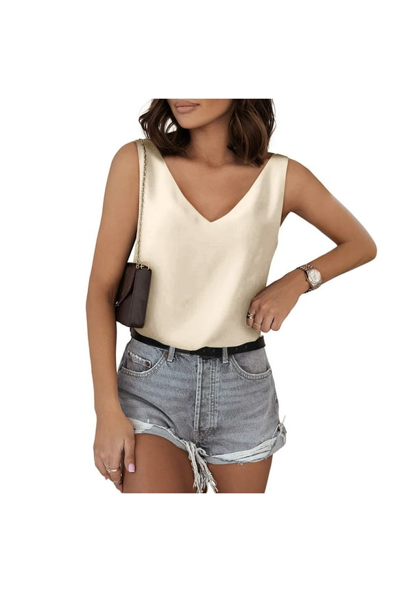 Tank Tops For Women V Neck Silk Summer Satin Sleeveless Blouse Basic Camisole Shirts Beige+S