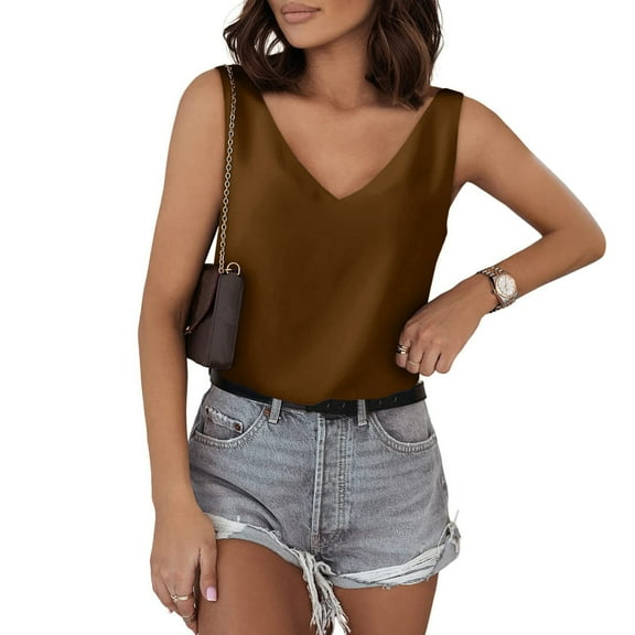 Rigardu Tank Tops For Women V Neck Silk Summer Satin Sleeveless Blouse Basic Camisole Shirts Brown M