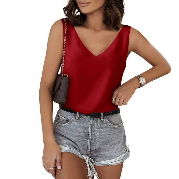 Rigardu Tank Tops For Women V Neck Silk Summer Satin Sleeveless Blouse Basic Camisole Shirts Red+L