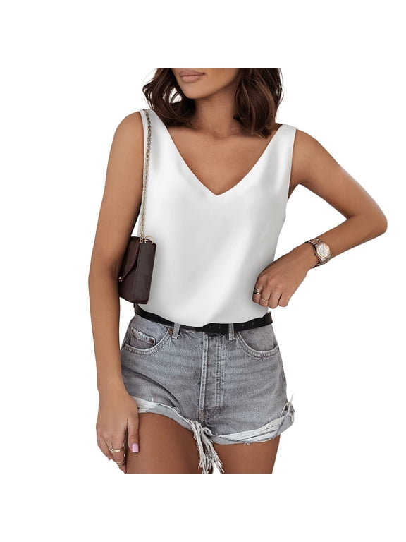Tank Tops For Women V Neck Silk Summer Satin Sleeveless Blouse Basic Camisole Shirts White+M