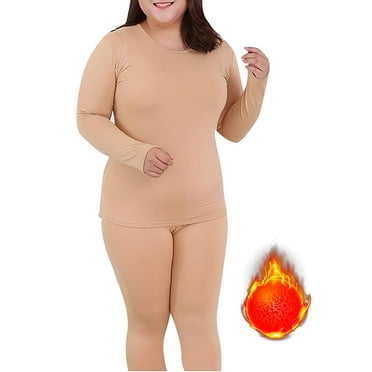 Rigardu Thermal Underwear for Women Crew Neckwomen's Thermal Underwear Long Top & Bottom Set Solid Color Mm Plus Plus Size Long Underwear Wool Plus Light Women's Thermal Underwear Sets Beige L