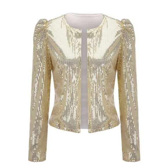 Rigardu Women Casual Fashion Sequin Sequins Sparkling Cardigan Jacket Beige + XL