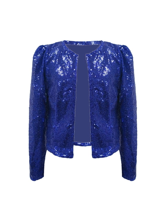 Women Casual Fashion Sequin Sequins Sparkling Cardigan Jacket Blue + L
