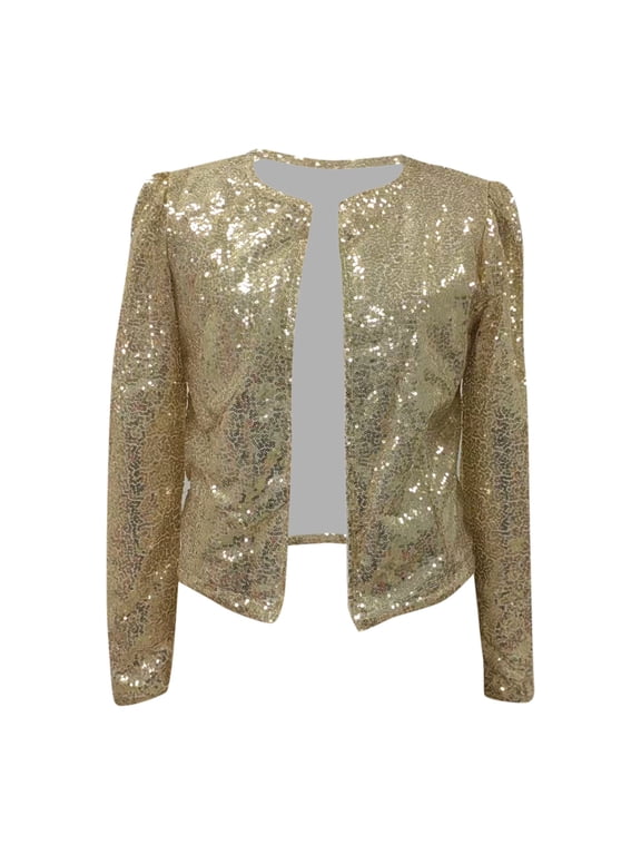 Women Casual Fashion Sequin Sequins Sparkling Cardigan Jacket Gold + XL