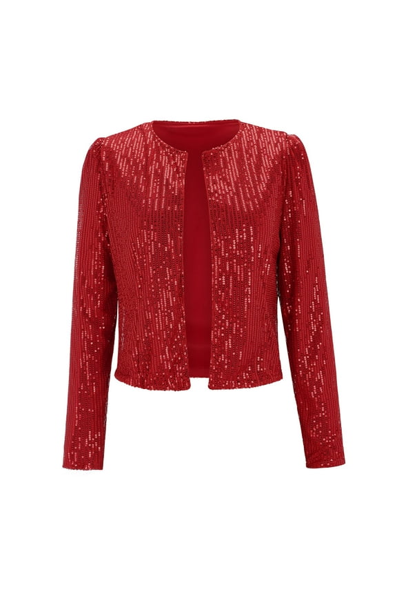 Women Casual Fashion Sequin Sequins Sparkling Cardigan Jacket Red + L