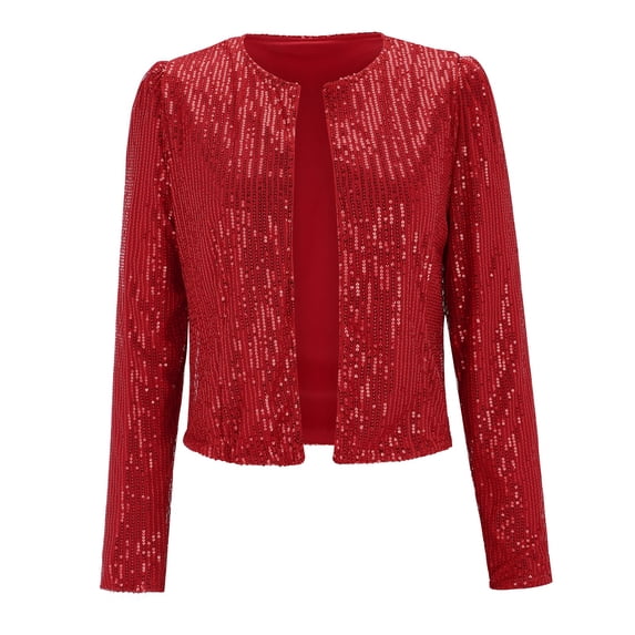 Rigardu Women Casual Fashion Sequin Sequins Sparkling Cardigan Jacket Red + XL